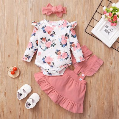 Patpat 3-piece Baby / Toddler Floral Print Bodysuit, Suspender Skirt and Headband Set